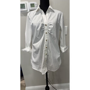 Classic White Button-Down Shirt Ruched Bust Detail 3/4 Sleeves Stretch Size 12